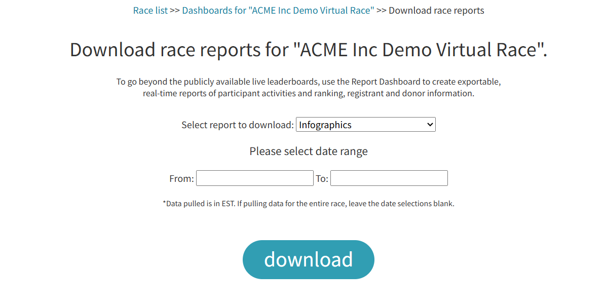 Report download interface with date range selector and download button